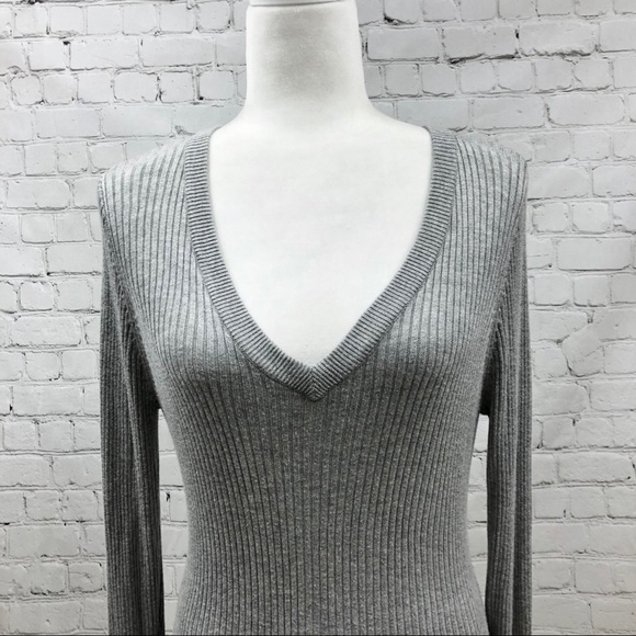 John and Jenn V Neck Ribbed Sweater Dress Size Medium Gray Bodycon - Picture 3 of 9